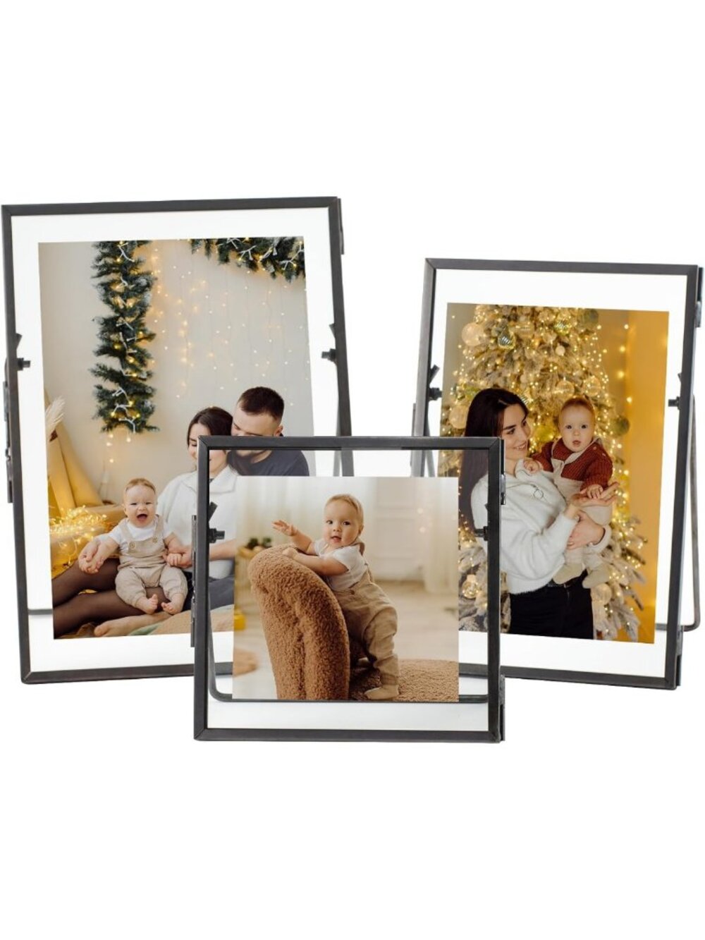 Vintage Gunmetal Gray Floating Picture Frames Set of 3 - Glass Pressed Flowers